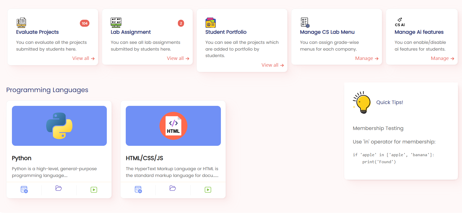 Cyber Square teacher dashboard — Lab Assignment card
