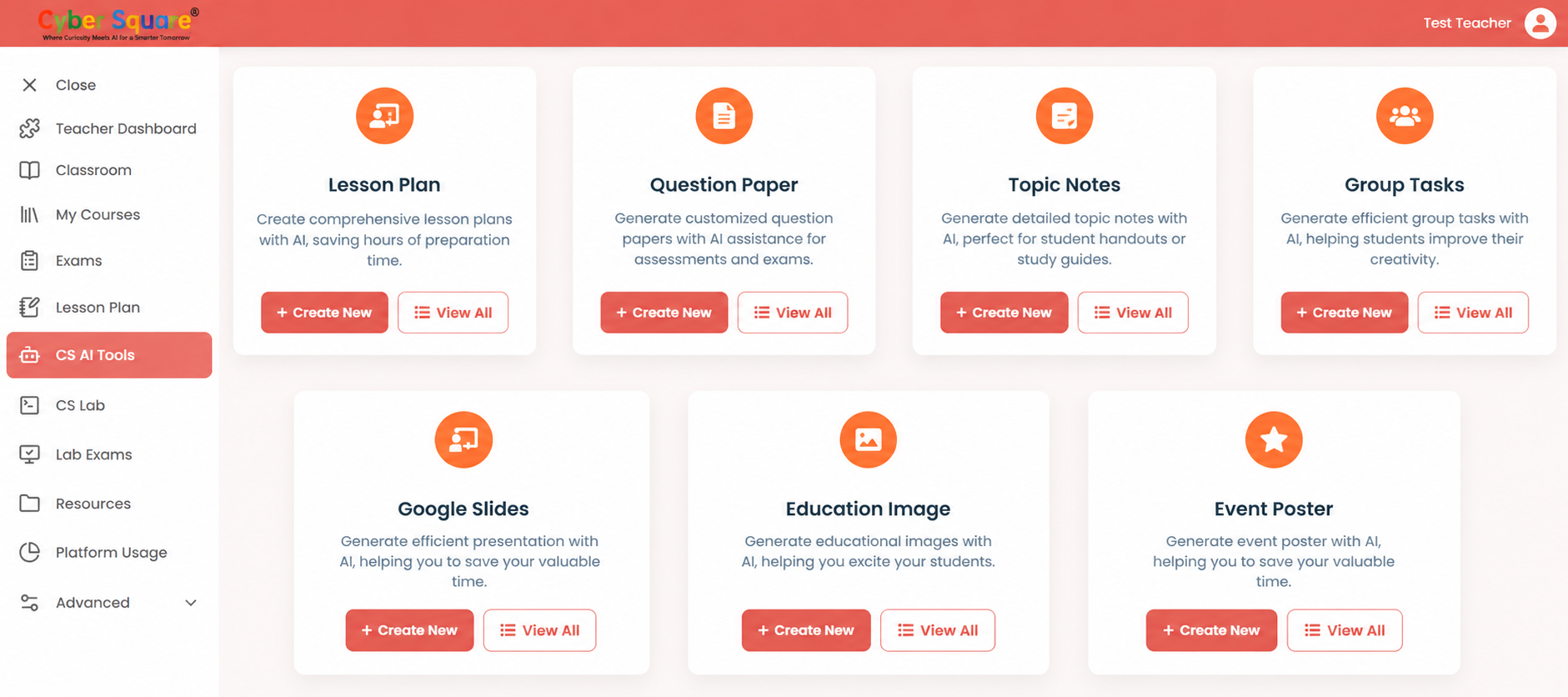 Cyber Square CS AI Tools dashboard, showing Lesson Plan, Question Paper, Topic Notes, Group Tasks, Google Slides, Education Image and Event Poster