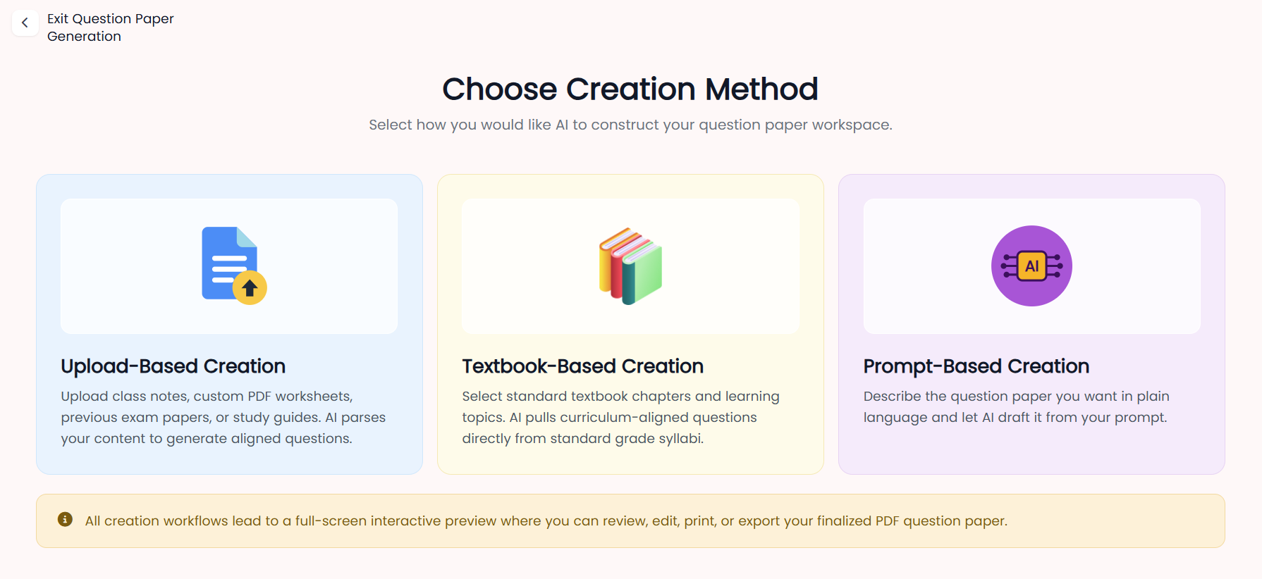 Cyber Square Question Paper — Choose Creation Method screen, showing Upload-Based, Textbook-Based, and Prompt-Based creation options