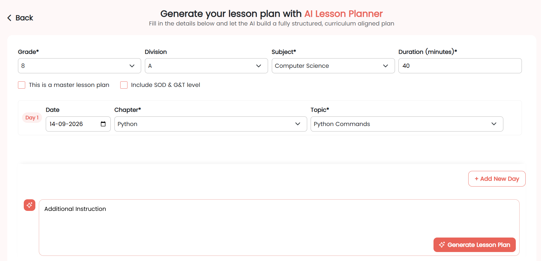 Cyber Square AI Lesson Planner — Create Lesson Plan form
