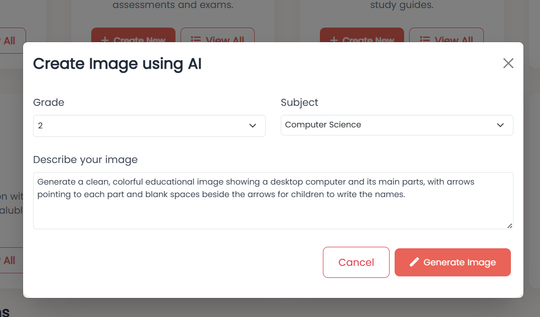 Cyber Square Education Image — Create Image using AI dialog with Grade, Subject, and Describe your image fields