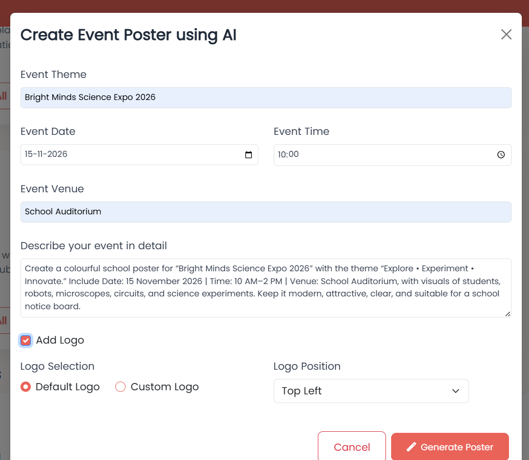 Cyber Square Event Poster — Create Event Poster using AI dialog with Event Theme, Date, Time, Venue, description, and logo options