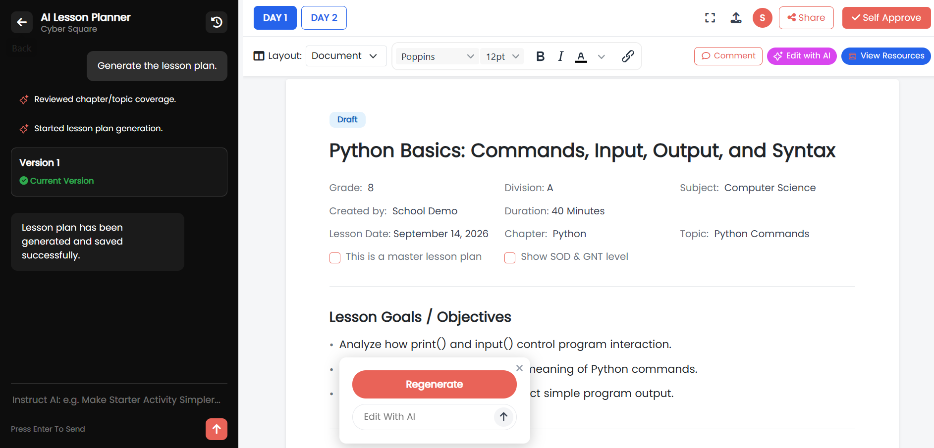 Cyber Square AI Lesson Planner — generated lesson plan document with AI chat, regenerate, and management controls