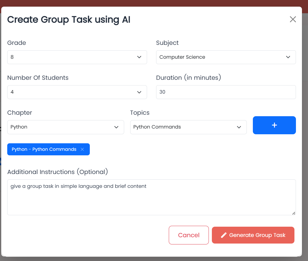 Cyber Square Group Tasks — Create Group Task using AI dialog with Grade, Subject, Number of Students, Duration, Chapter, Topics and Additional Instructions