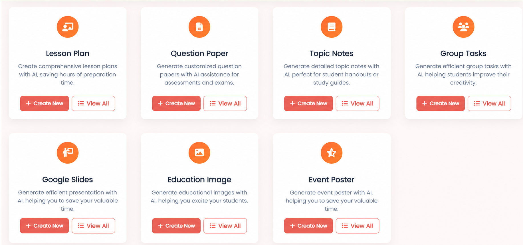 Cyber Square CS AI Tools dashboard — Lesson Plan card with Create New and View All options
