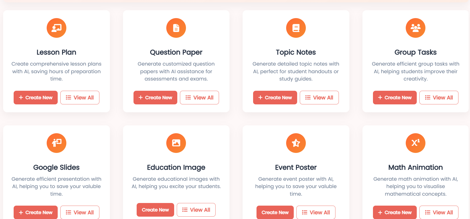Cyber Square CS AI Tools dashboard — Question Paper card with Create New and View All options