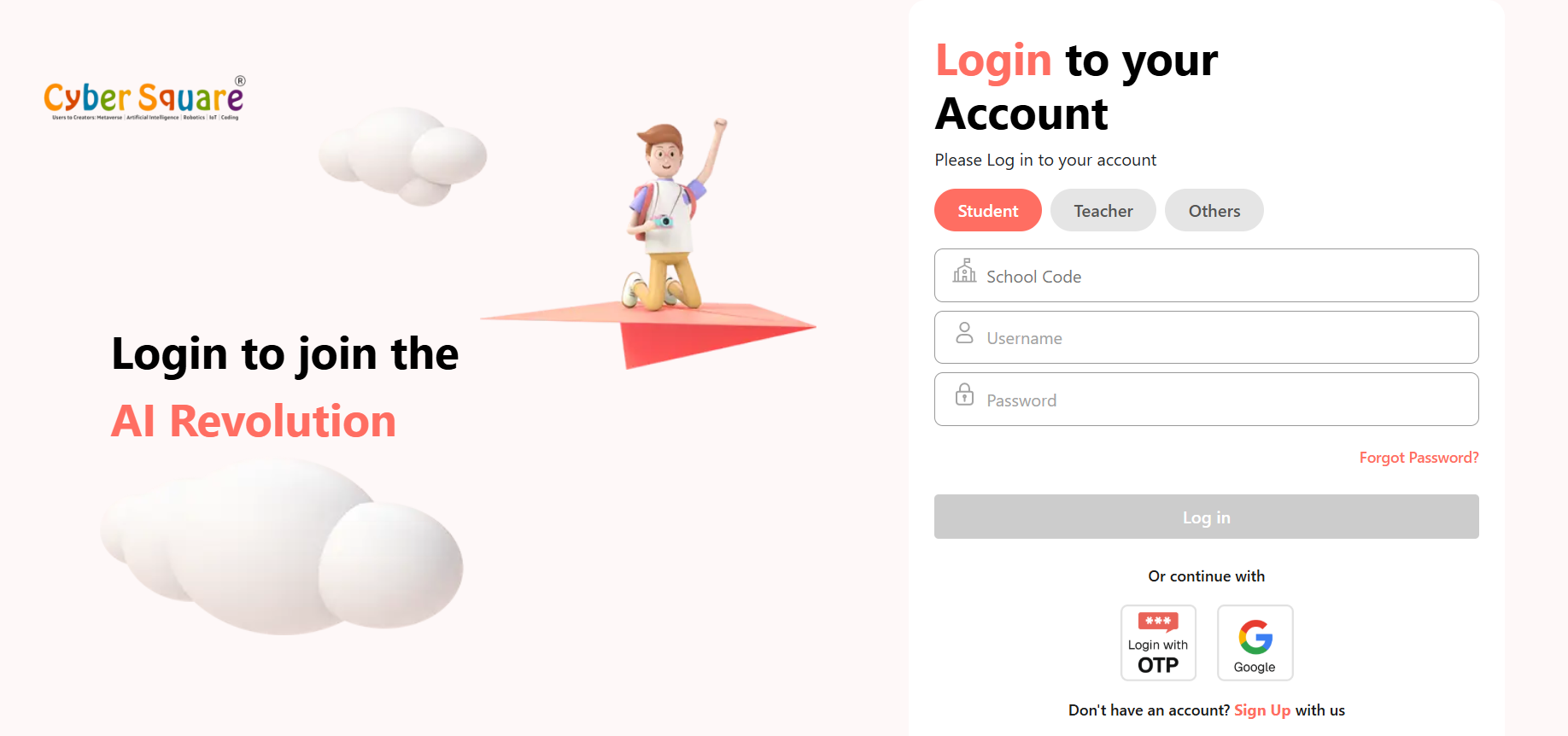 Cyber Square login — Student role selected