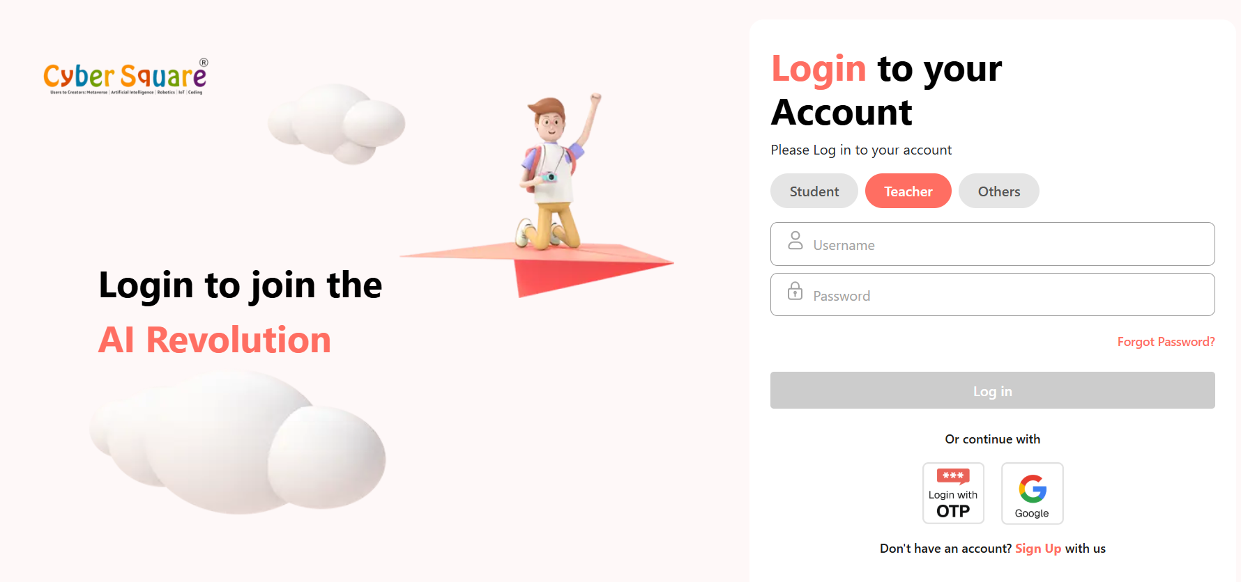 Cyber Square login — Teacher role selected