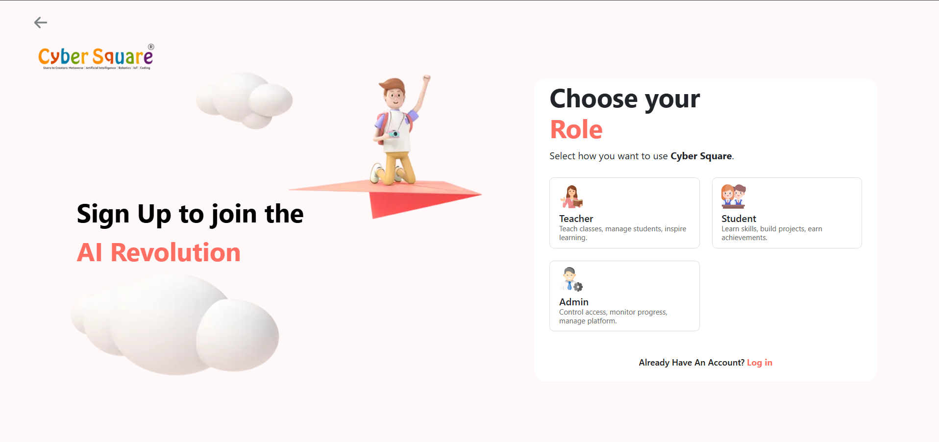 Cyber Square sign up — Choose your Role screen