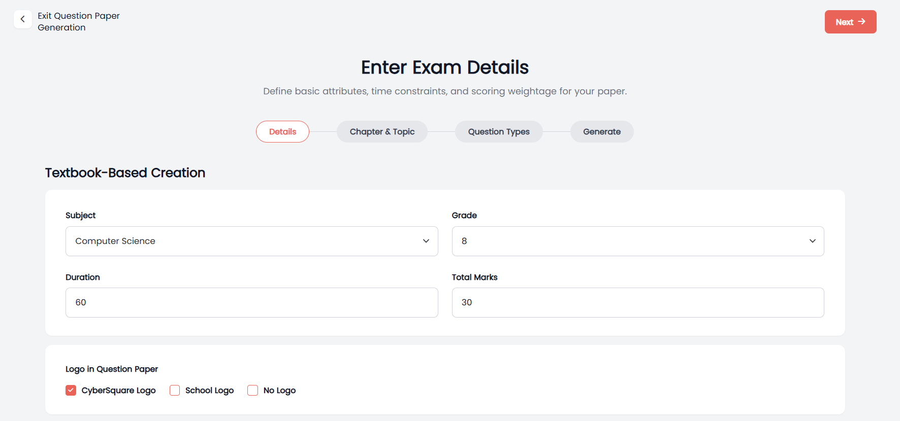 Cyber Square Question Paper — Textbook-Based Creation, Enter Exam Details screen with Subject, Grade, Duration, and Total Marks