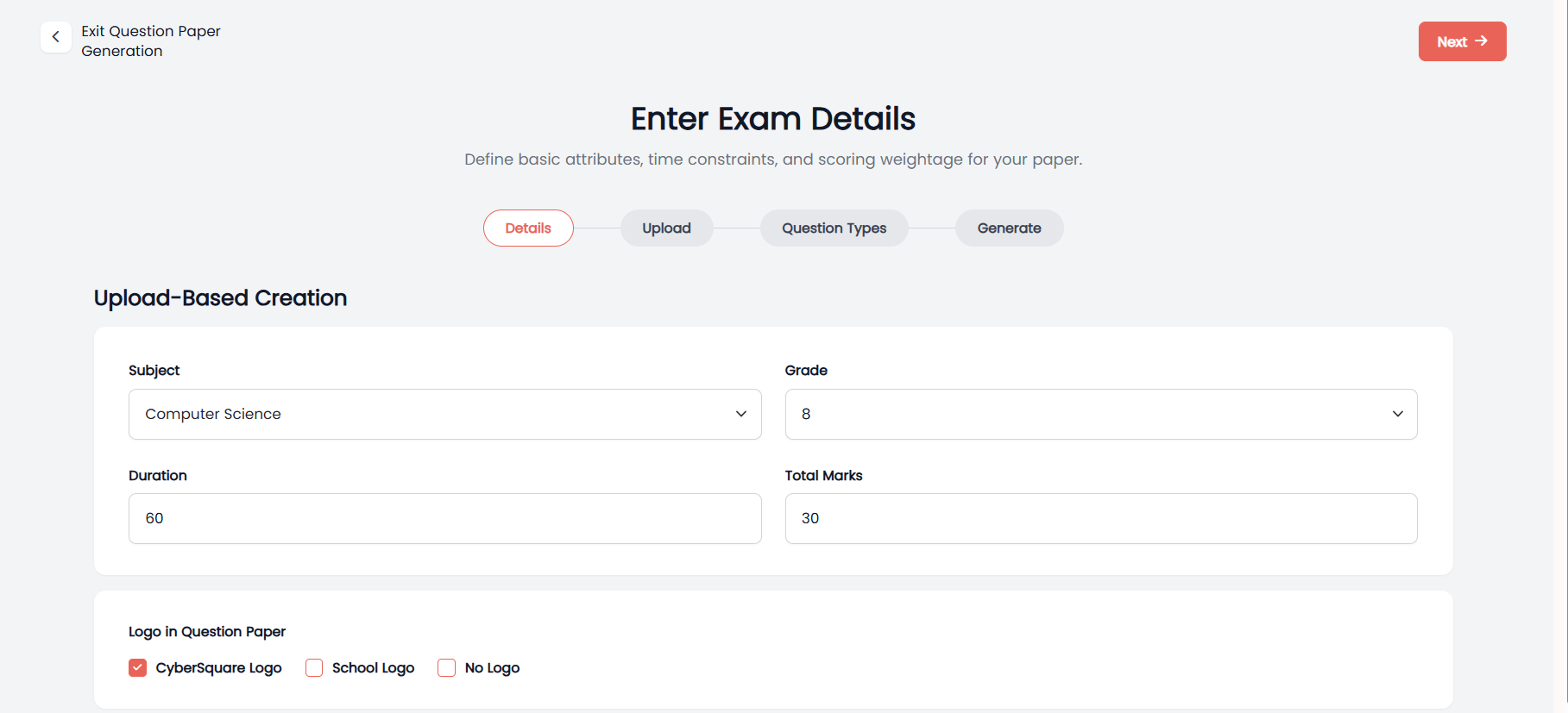 Cyber Square Question Paper — Upload-Based Creation, Enter Exam Details screen with Subject, Grade, Duration, and Total Marks
